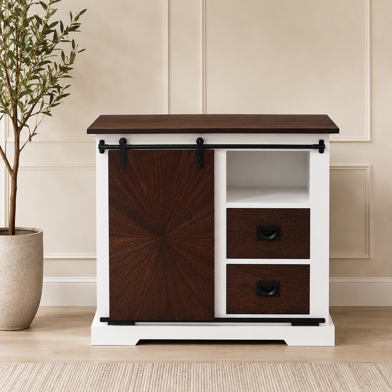 Reclaimed Wood Sliding Door Sideboard with 2 Drawers