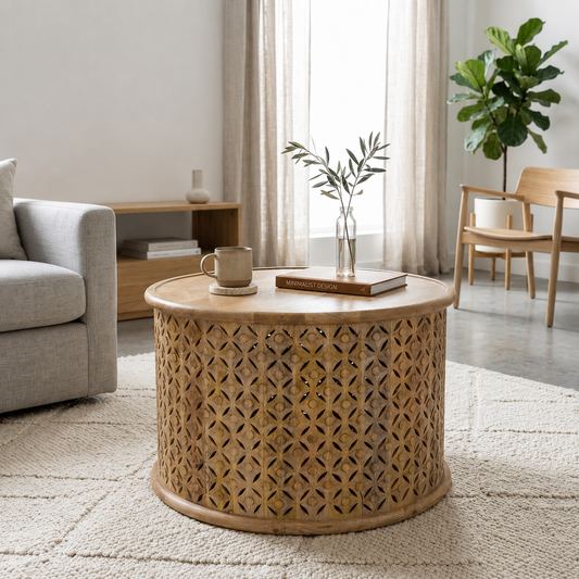 Carved Lattice Wooden Drum Coffee Table