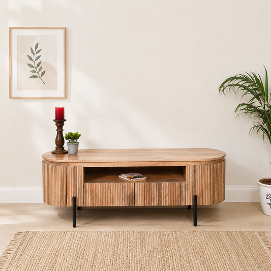 Rajsamand Furniture Natural Solid Wood Tv Cabinet 2 Drawer With Metal Legs