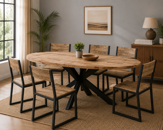 Rough Swan Timber Oval Dining Table With 6 Seater Chair