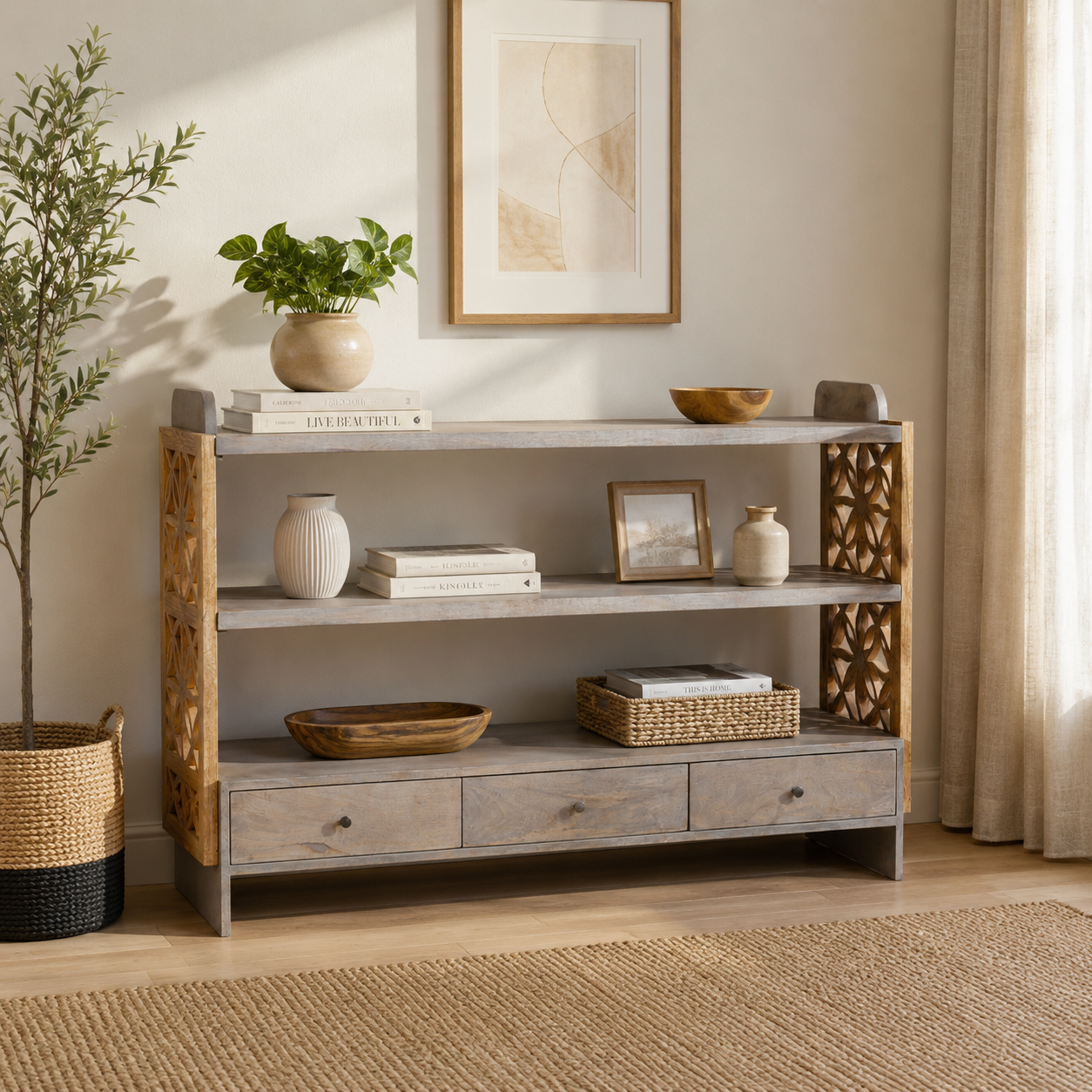 Classic Solid Wood Bookshelf with Storage Drawers