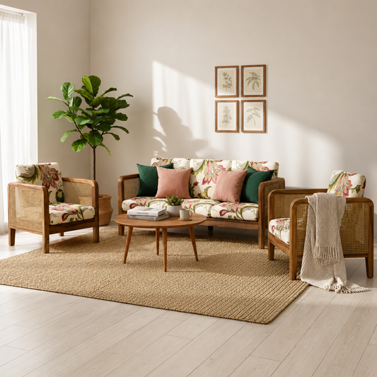 Cane Side Panes Wooden Sofa Set in 3+1+1 Seating