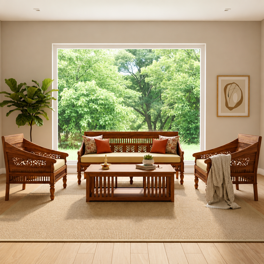 Traditional Wooden Sofa Set for Living Room – 3+1+1 Seating