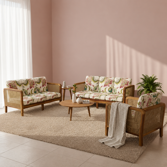 Cane Side Panes Wooden Sofa Set in 3+2+1 Seating