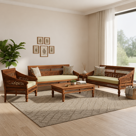 Heritage Handcrafted Wooden Sofa Set – 3+2+1 Seating