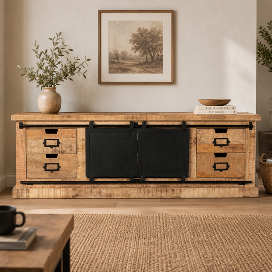 Industrial Range 4 Drawer TV Board With Iron Sliding Doors Design