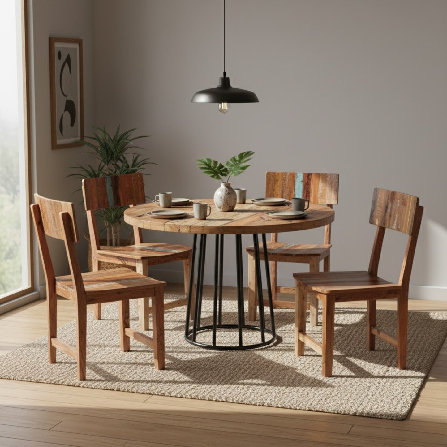 Reclaimed Style Round Dining Table With 4 Seater Chair-Dining Table Set