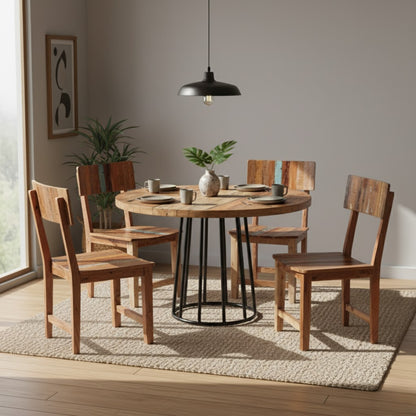 Reclaimed Style Round Dining Table With 4 Seater Chair-Dining Table Set