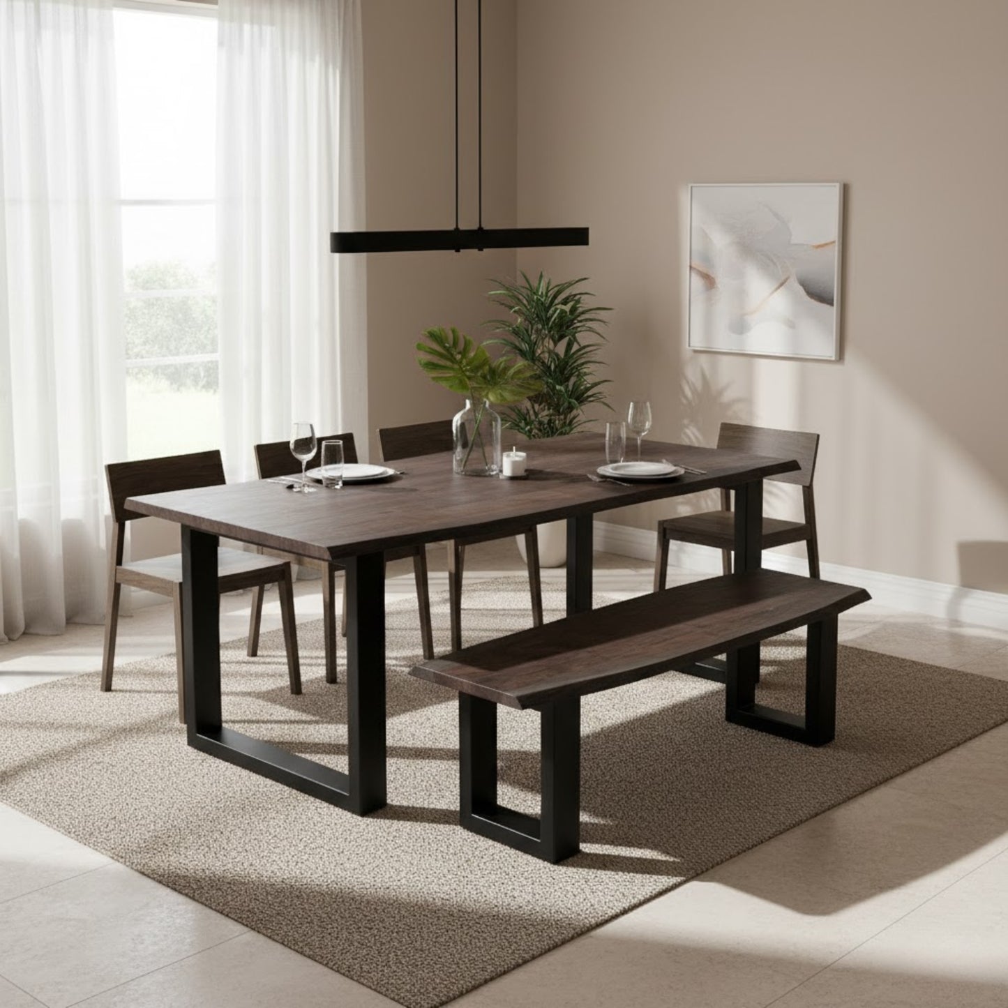 Live Edge Dining Table With 4 Seater Chair & 1 Bench-Dining Table Set