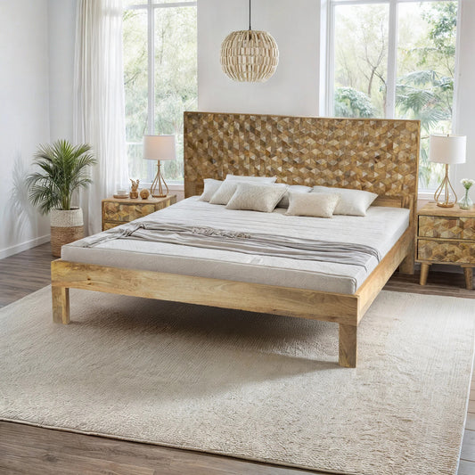 Solid Mango Wood Bed with Handcrafted Geometric Headboard – Natural Finish Wooden Double Bed Frame