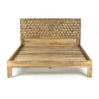 Solid Mango Wood Bed with Handcrafted Geometric Headboard – Natural Finish Wooden Double Bed Frame
