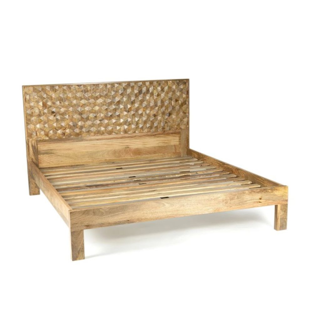 Solid Mango Wood Bed with Handcrafted Geometric Headboard – Natural Finish Wooden Double Bed Frame