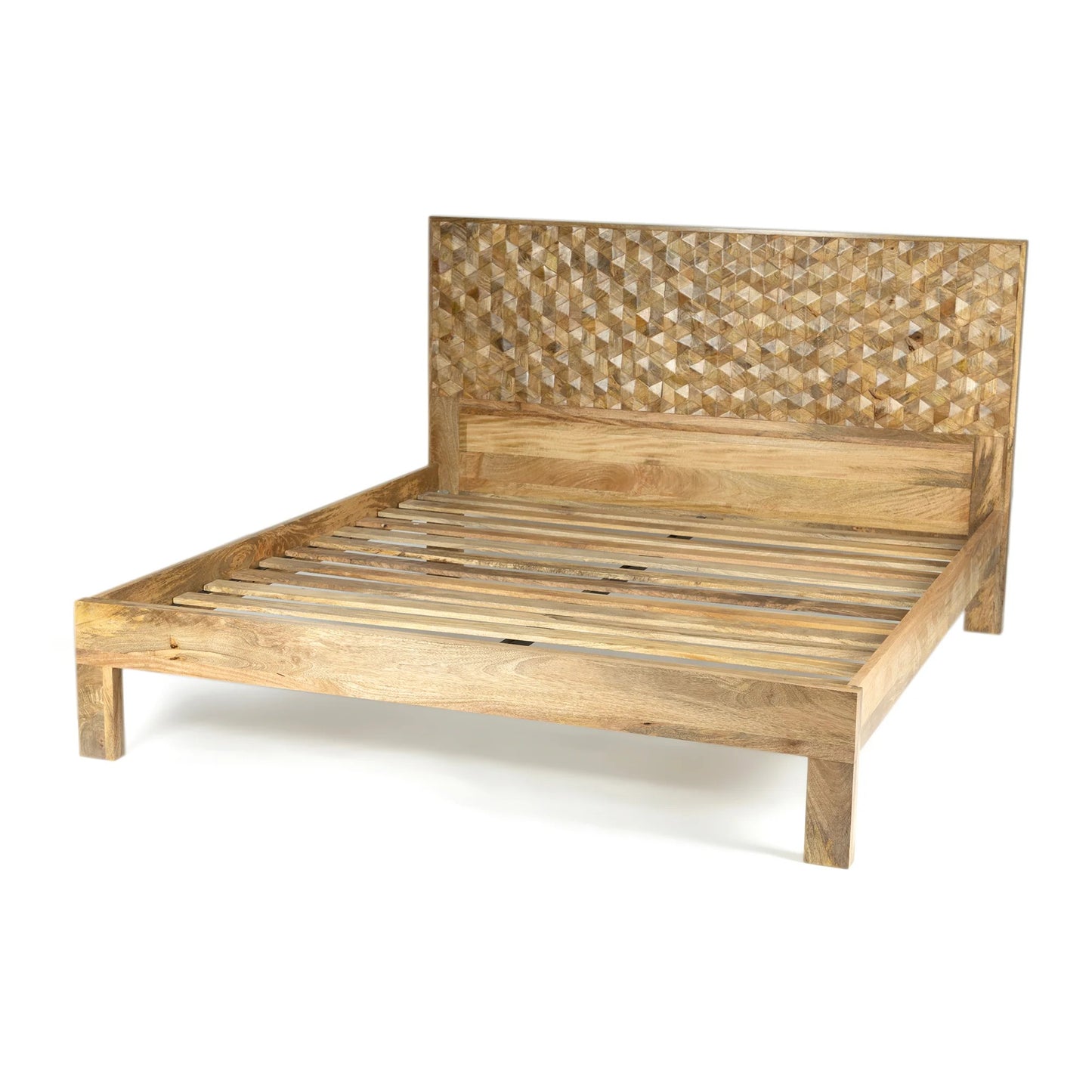 Solid Mango Wood Bed with Handcrafted Geometric Headboard – Natural Finish Wooden Double Bed Frame
