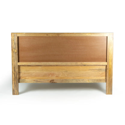 Solid Mango Wood Bed with Handcrafted Geometric Headboard – Natural Finish Wooden Double Bed Frame