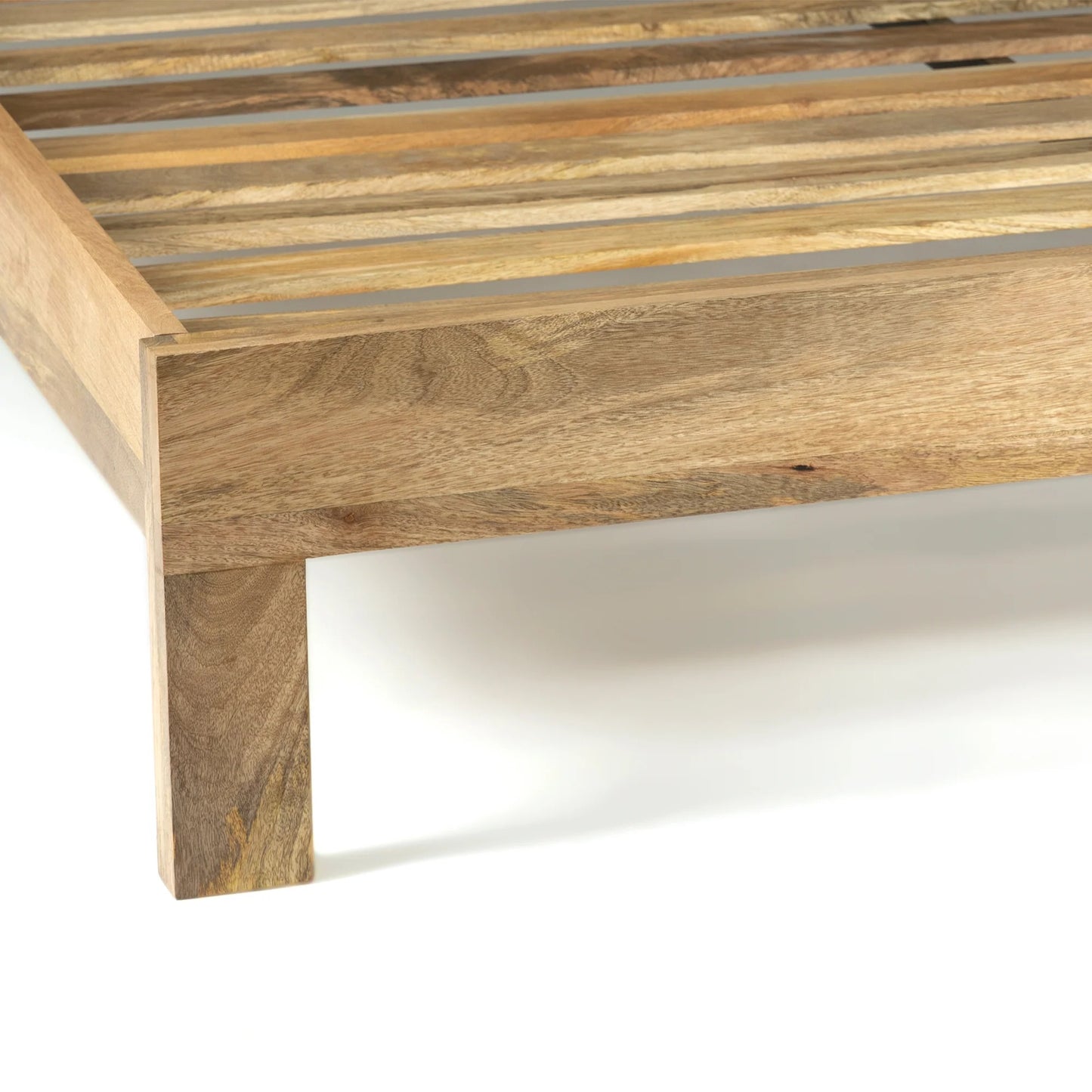 Solid Mango Wood Bed with Handcrafted Geometric Headboard – Natural Finish Wooden Double Bed Frame