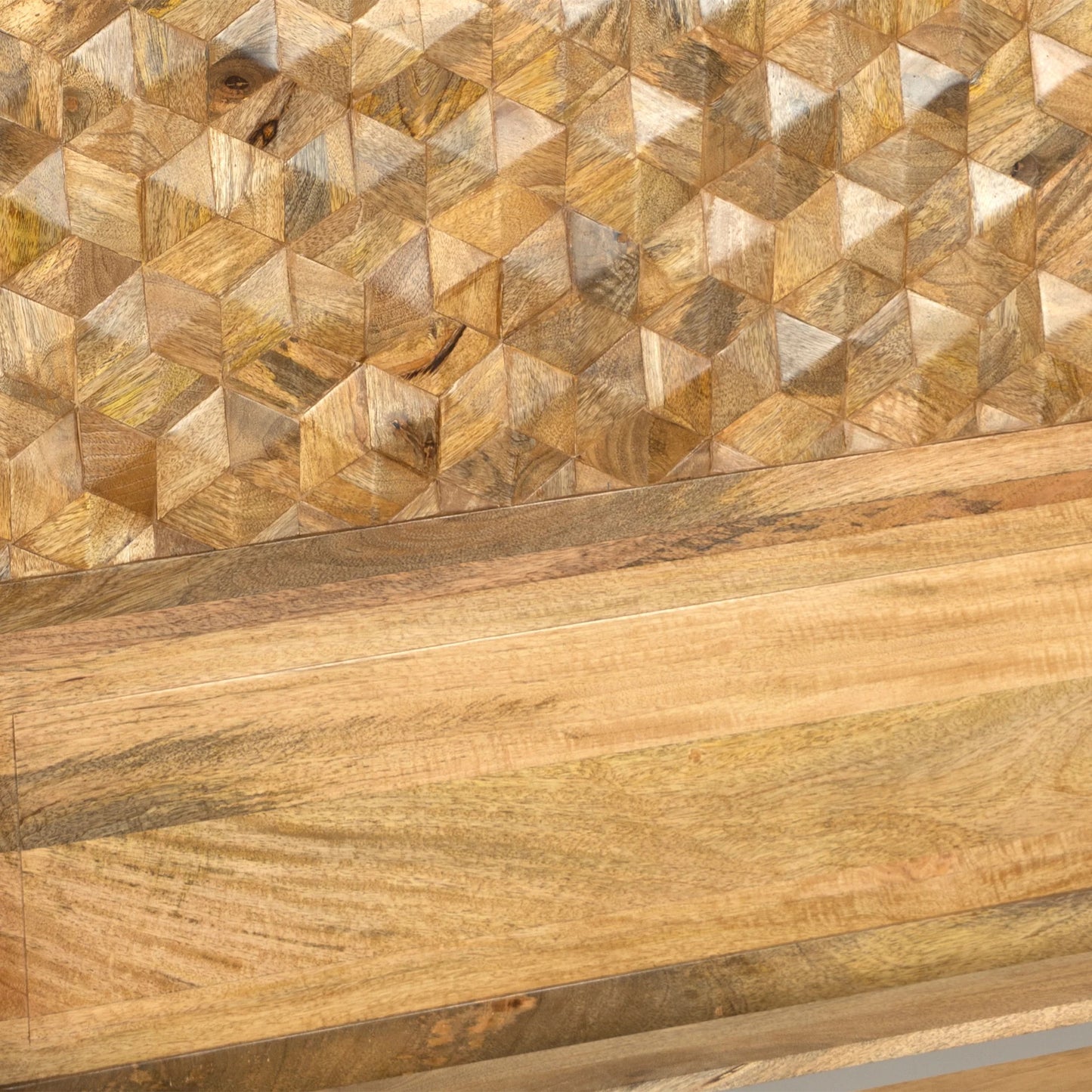 Solid Mango Wood Bed with Handcrafted Geometric Headboard – Natural Finish Wooden Double Bed Frame