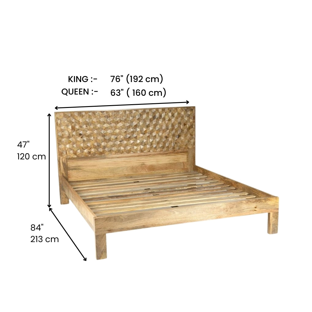 Solid Mango Wood Bed with Handcrafted Geometric Headboard – Natural Finish Wooden Double Bed Frame