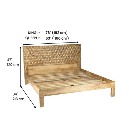 Solid Mango Wood Bed with Handcrafted Geometric Headboard – Natural Finish Wooden Double Bed Frame