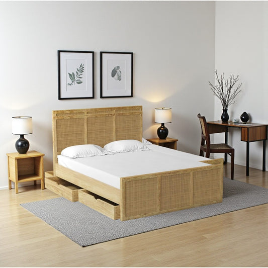 Solid Mango Wood Bed with Storage Drawers – Teak Finish Wooden Double Bed Frame