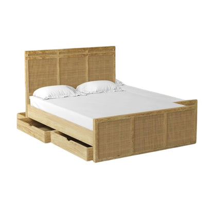 Solid Mango Wood Bed with Storage Drawers – Teak Finish Wooden Double Bed Frame