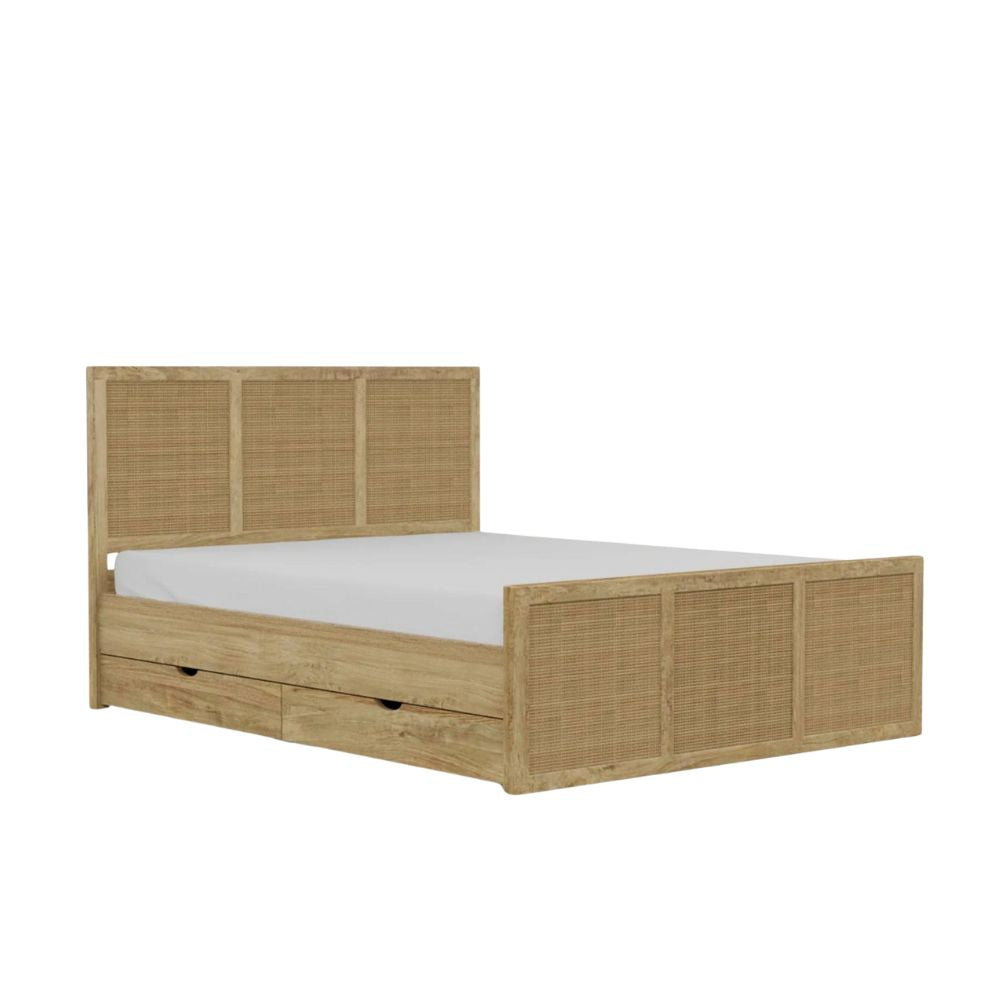 Solid Mango Wood Bed with Storage Drawers – Teak Finish Wooden Double Bed Frame