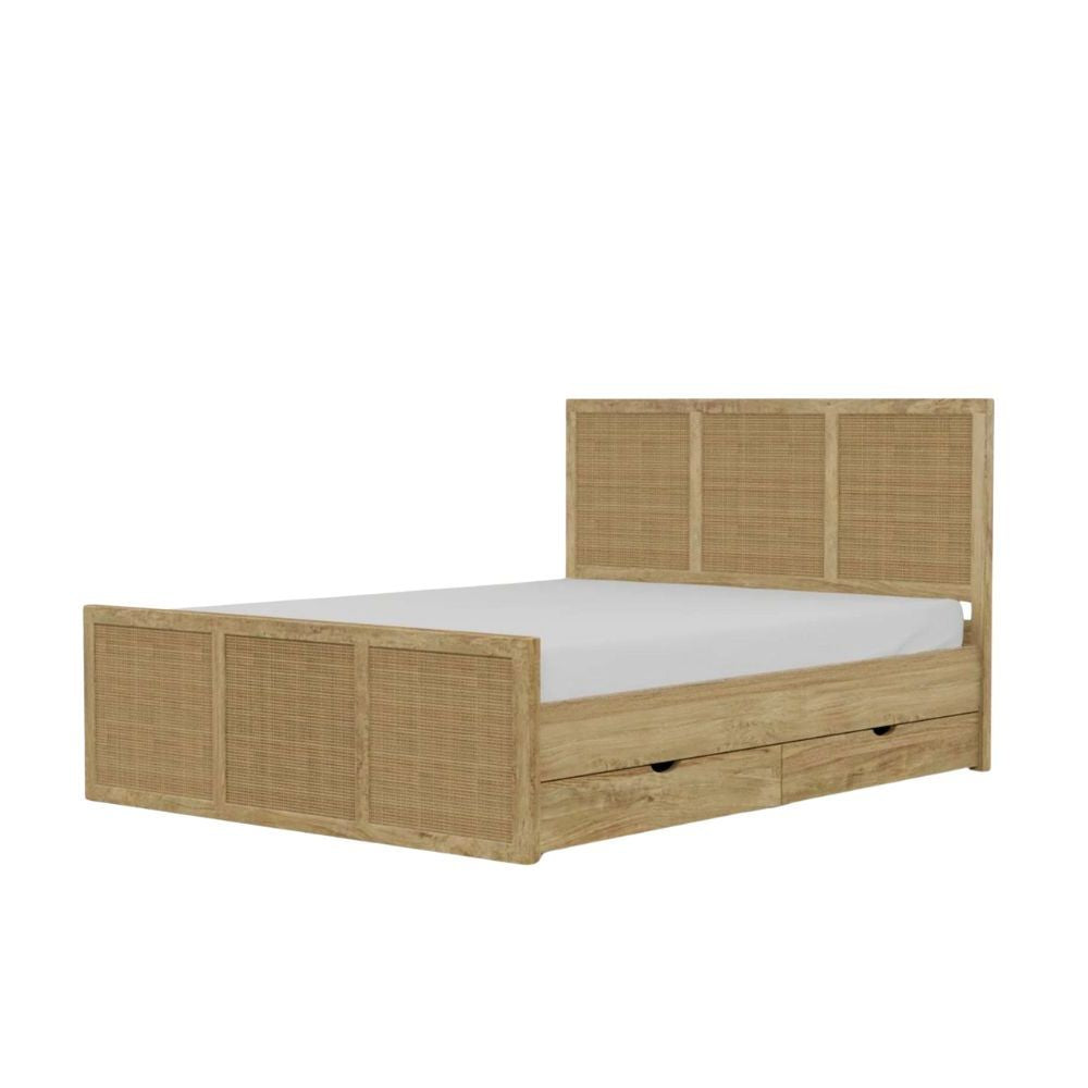 Solid Mango Wood Bed with Storage Drawers – Teak Finish Wooden Double Bed Frame