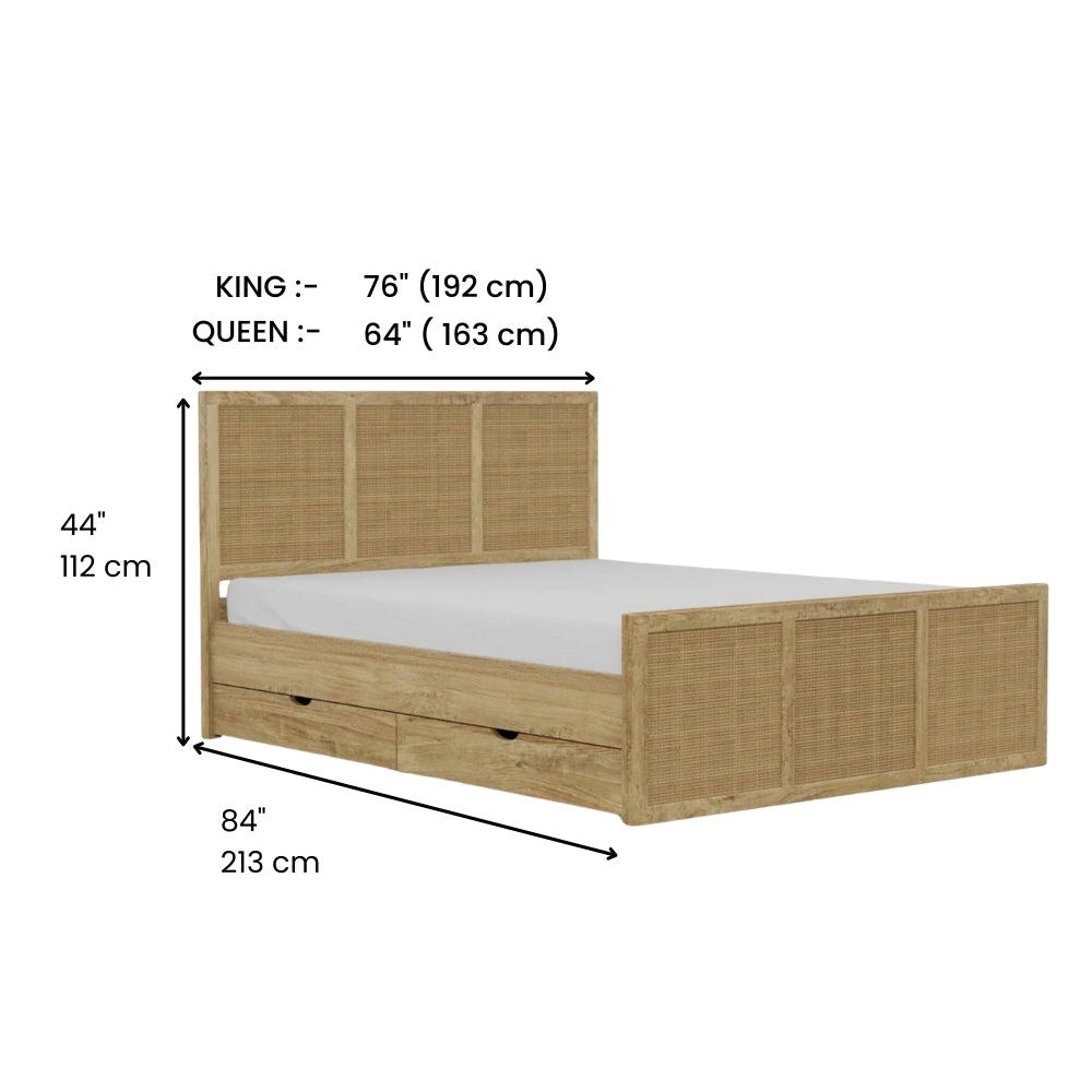 Solid Mango Wood Bed with Storage Drawers – Teak Finish Wooden Double Bed Frame