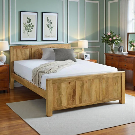 Solid Mango Wood Bed with Headboard & Footboard – Natural Finish Wooden Double Bed Frame