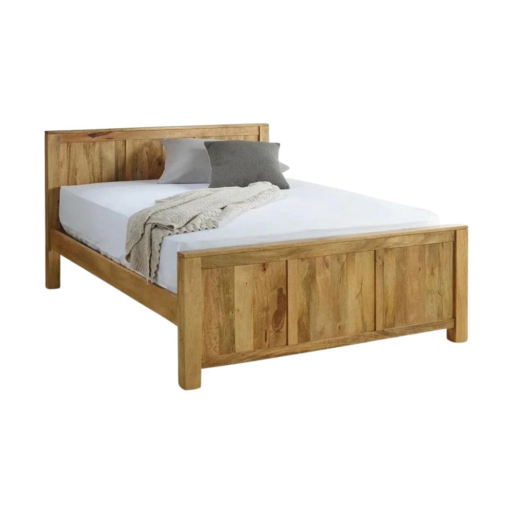 Solid Mango Wood Bed with Headboard & Footboard – Natural Finish Wooden Double Bed Frame