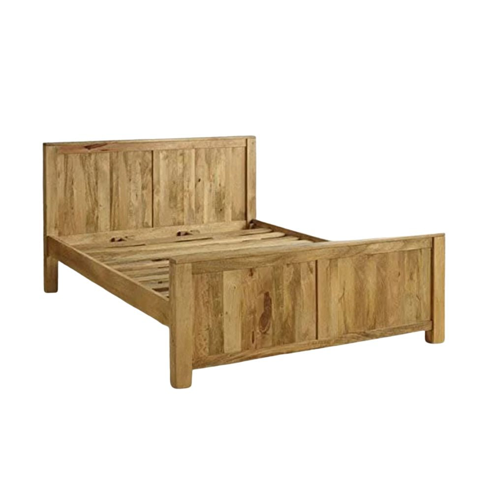 Solid Mango Wood Bed with Headboard & Footboard – Natural Finish Wooden Double Bed Frame