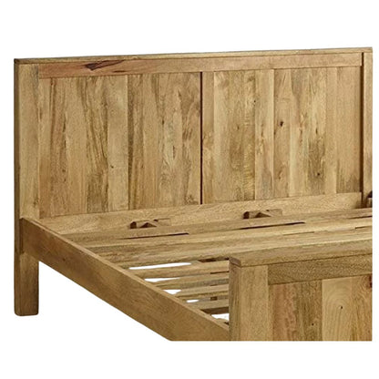 Solid Mango Wood Bed with Headboard & Footboard – Natural Finish Wooden Double Bed Frame