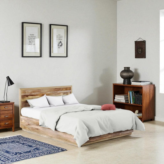 Solid Mango Wood Bed with Natural Finish – Modern Wooden Double Bed Frame