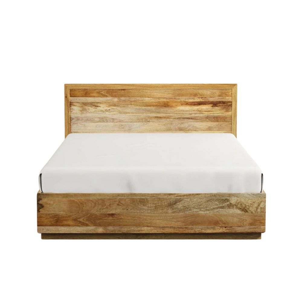 Solid Mango Wood Bed with Natural Finish – Modern Wooden Double Bed Frame