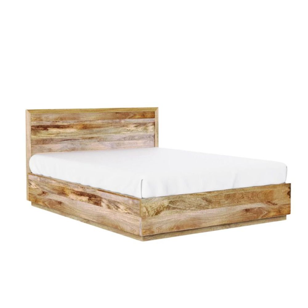 Solid Mango Wood Bed with Natural Finish – Modern Wooden Double Bed Frame