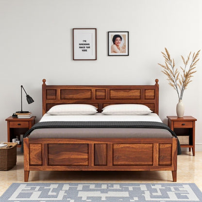 Elegant Wooden Bed Made of Acacia Wood & Plywood – Teak Polish, Strong Construction & Timeless Appeal – Available in King & Queen Sizes