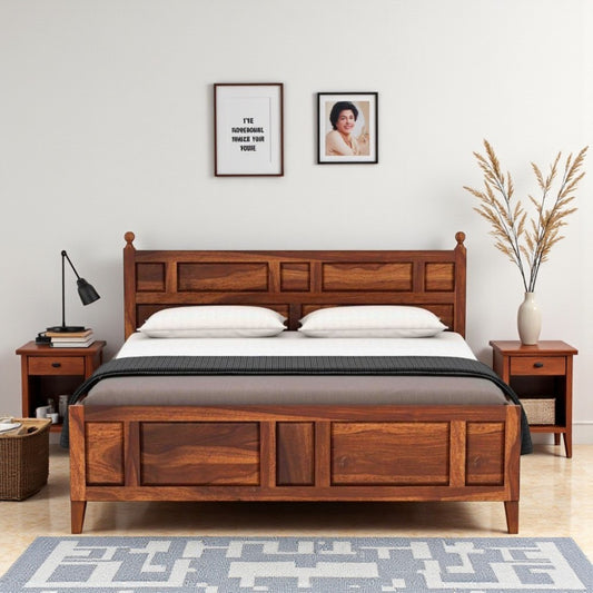 Elegant Wooden Bed Made of Acacia Wood & Plywood – Teak Polish, Strong Construction & Timeless Appeal – Available in King & Queen Sizes