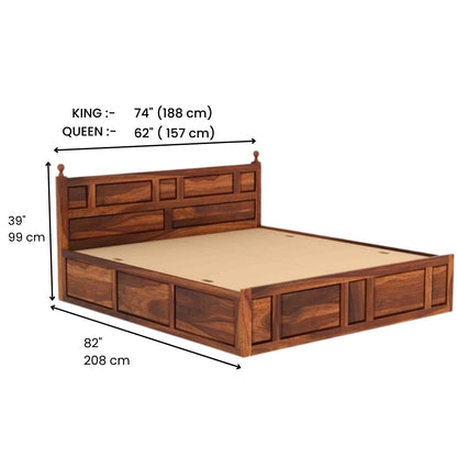Elegant Wooden Bed Made of Acacia Wood & Plywood – Teak Polish, Strong Construction & Timeless Appeal – Available in King & Queen Sizes