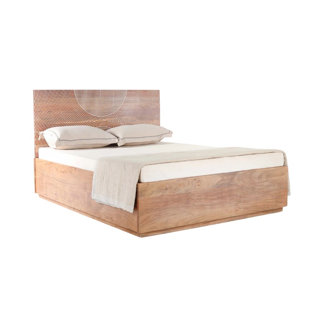 Handcrafted King Size Bed in Acacia Wood & Plywood – Strong Construction, Natural Finish & Refined Bedroom Furniture