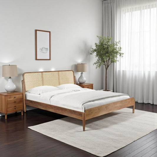 Elegant Mango Wood King Bed with Natural Cane Headboard – Sustainable Materials, Expert Craftsmanship & Warm Authentic Finish