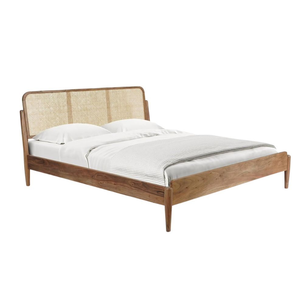 Elegant Mango Wood King Bed with Natural Cane Headboard – Sustainable Materials, Expert Craftsmanship & Warm Authentic Finish