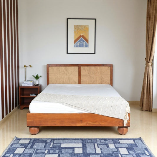 Handcrafted Queen Size Bed Made of Solid Acacia Wood & Plywood with Rich Brown Finish – Durable, Stable & Elegant Bedroom Furniture