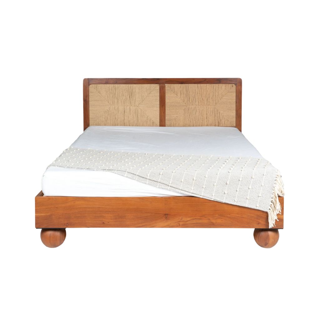 Handcrafted Queen Size Bed Made of Solid Acacia Wood & Plywood with Rich Brown Finish – Durable, Stable & Elegant Bedroom Furniture