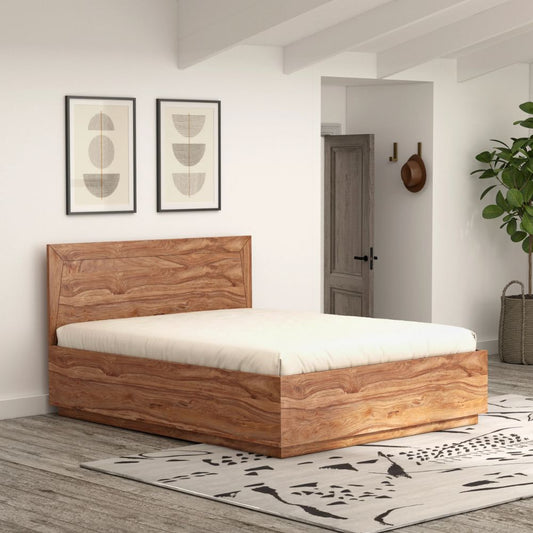 Acacia Wood Bed with Flat Panel Headboard – Natural Finish,