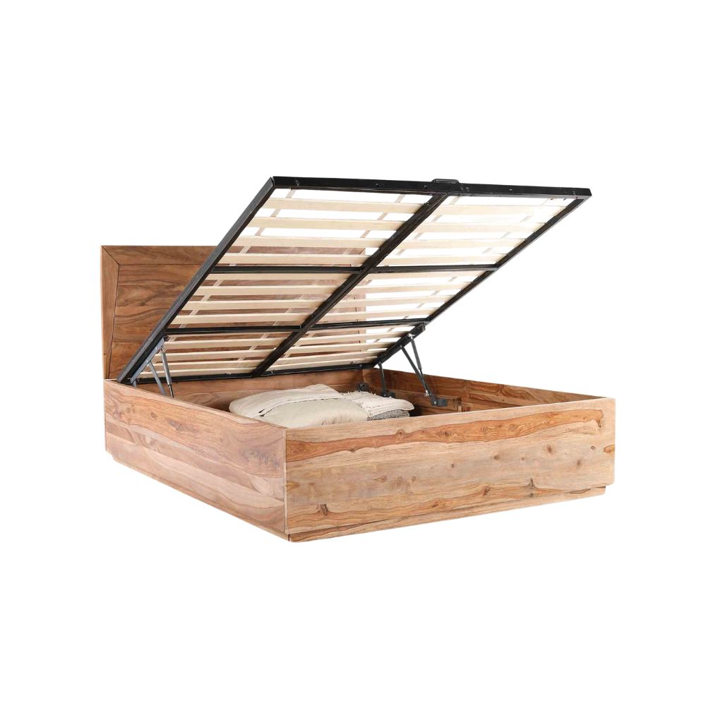 Acacia Wood Bed with Flat Panel Headboard – Natural Finish,