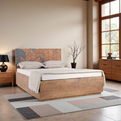 Acacia Wood Bed Frame – Flat Panel Headboard, Natural Finish