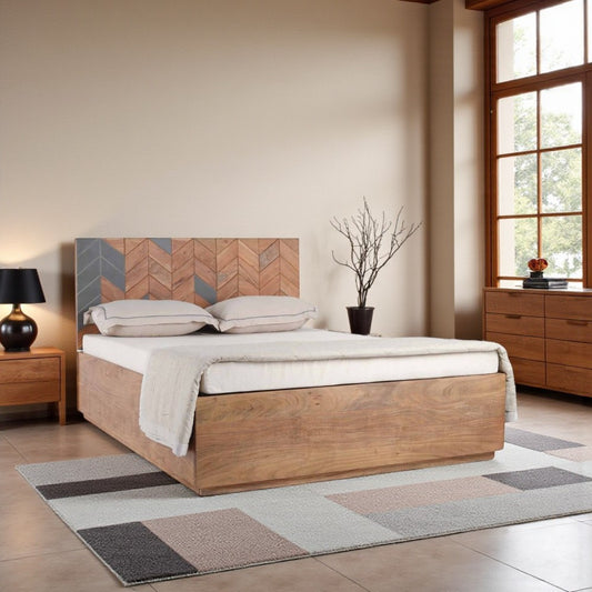 Acacia Wood Bed Frame – Flat Panel Headboard, Natural Finish