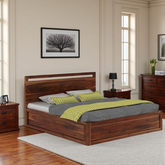 Durable Acacia Wood Bed Frame with Flat Headboard – Natural Finish