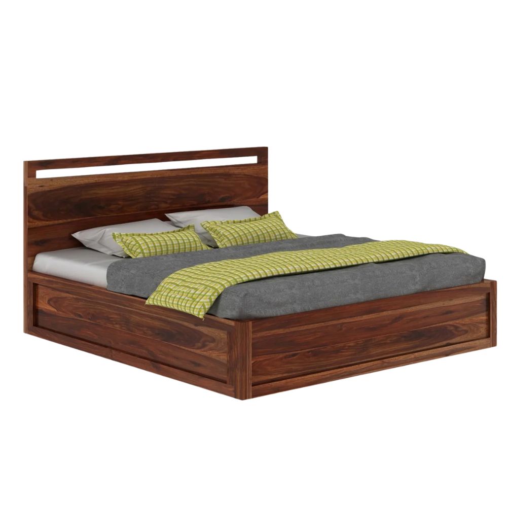 Durable Acacia Wood Bed Frame with Flat Headboard – Natural Finish
