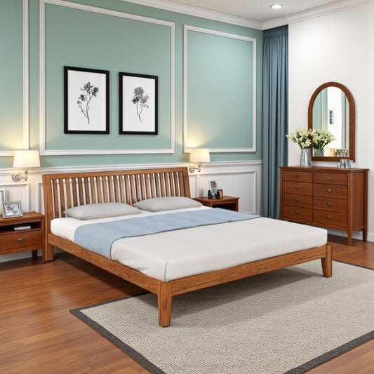 Premium Solid Acacia Wood Bed — King & Queen, Natural Finish