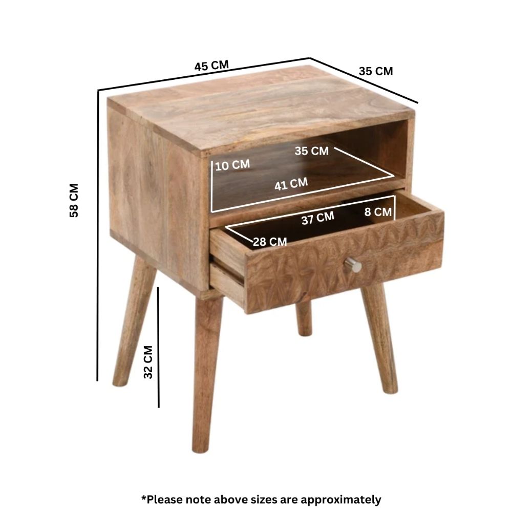 Marlow Light Mango Wood Bedside Table with 1 Drawer & Open Slot